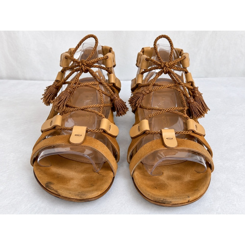Marion Parke Toscana Tan Suede Gladiator Tassel Lace Up Sandals Size 38.5 US 8.5